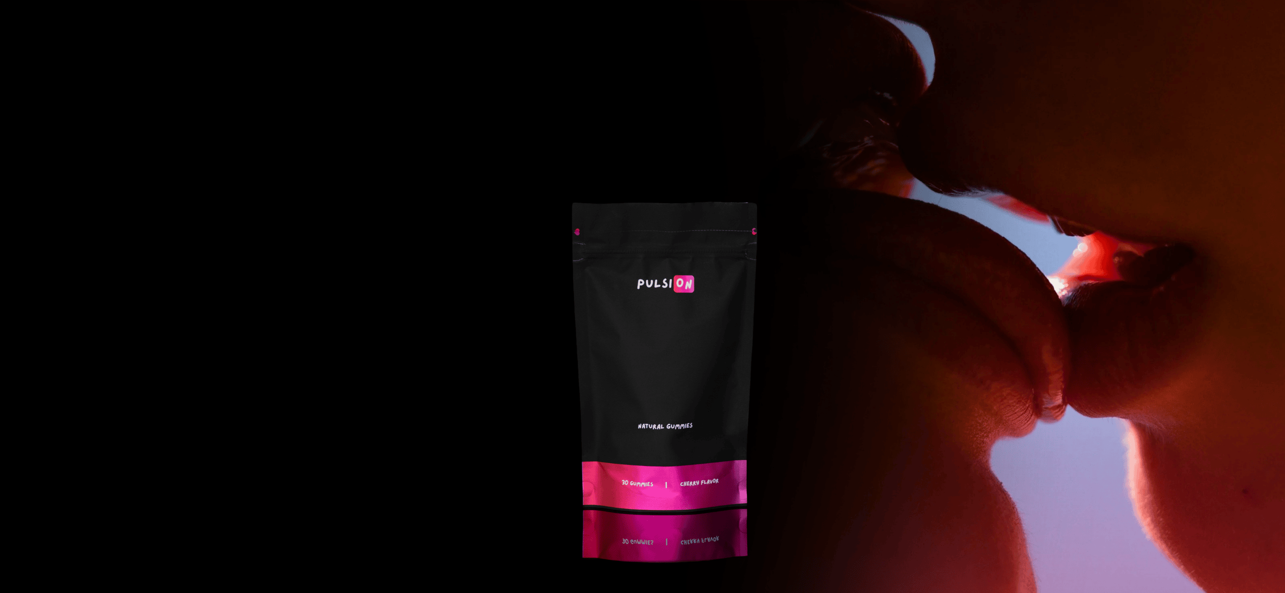 Pulsion Gummies hero image with black pouch and sensual couple, promoting energy, vitality and libido