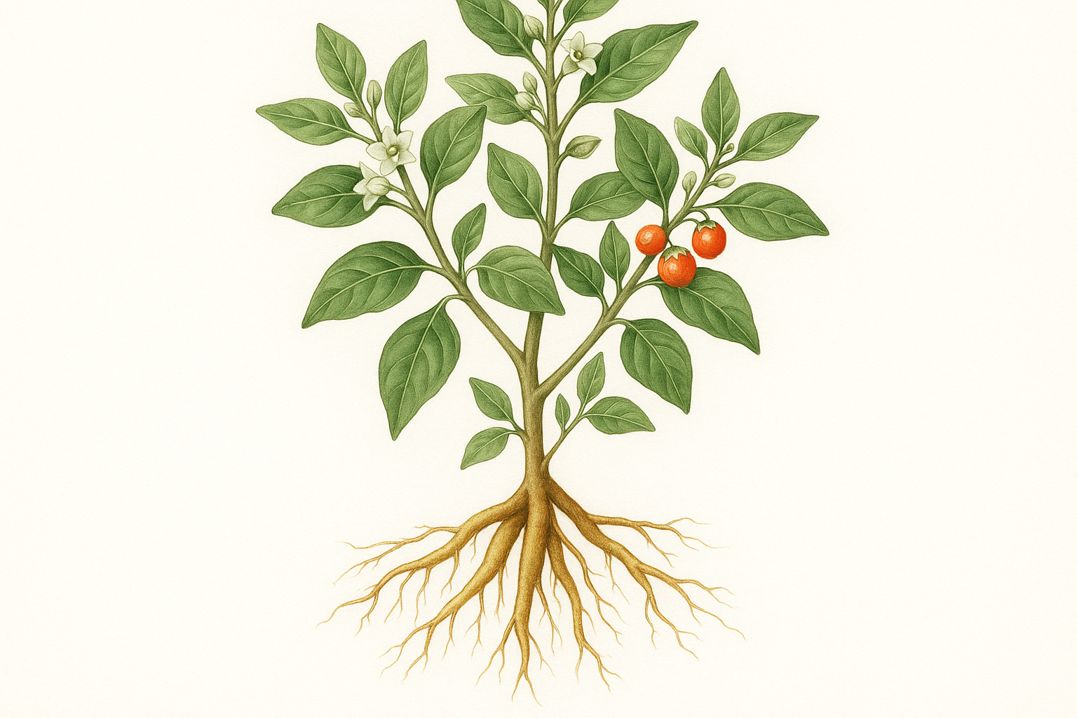 Ashwagandha plant root illustration, natural adaptogen for energy, stress relief, and libido support