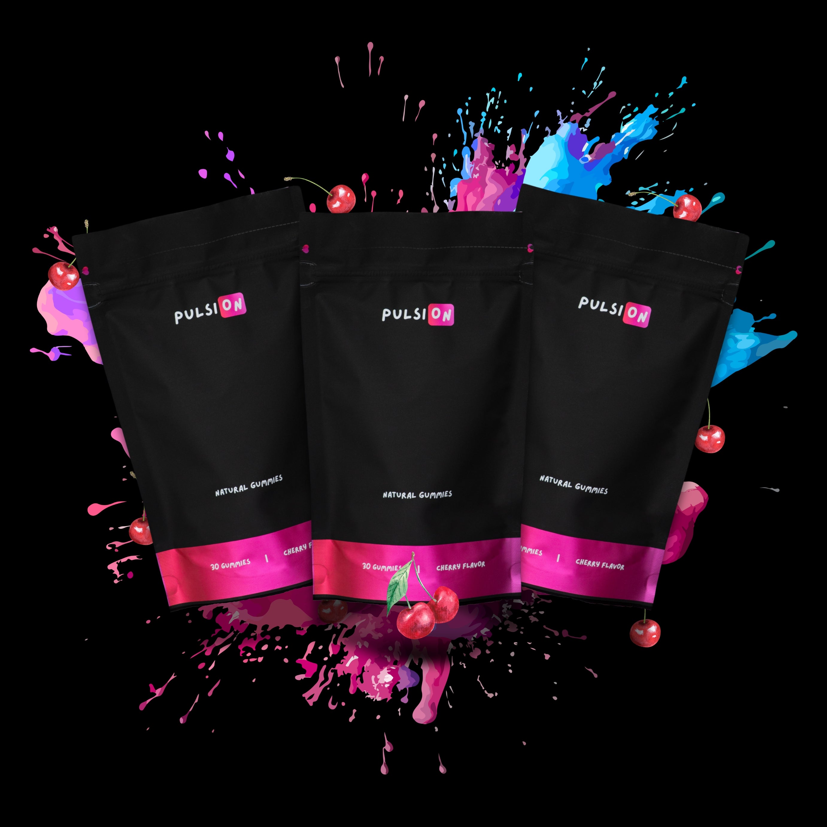 Pulsion Gummies black doypack with cherry flavor, dietary supplement for energy, libido boost, stress relief, and hormonal balance
